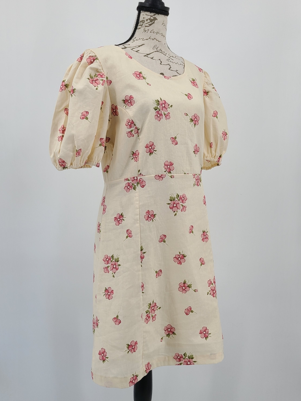 Princess Highway Cotton Linen Blend Cream Floral Puff-Sleeve Dress Size US 4